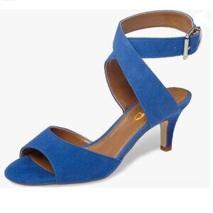 XYD Blue Suede High Heel Slingback Open Toe Buckled Cross Ankle Strap Sandals